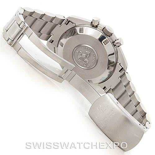 The image shows the back case, crown, and clasp of an Omega Speedmaster 3594.50.00 Men
s Stainless Steel Black Dial 3594.50.00 Men
s Stainless Steel Black Dial watch from an oblique angle.