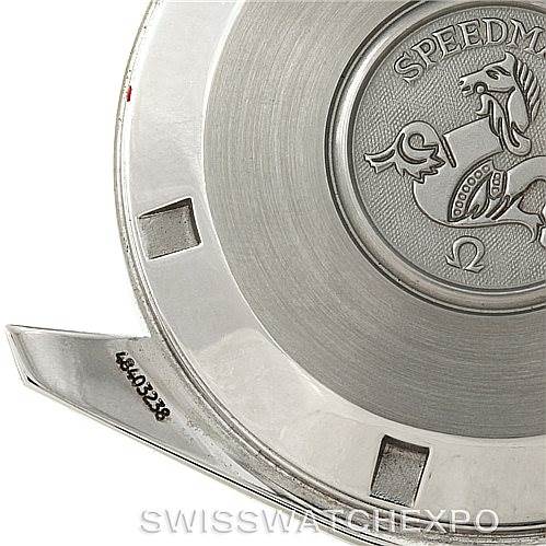 This image shows the case back of an Omega Speedmaster 3594.50.00 Men
s Stainless Steel Black Dial 3594.50.00 Men
s Stainless Steel Black Dial watch, featuring the engraved Seahorse emblem and the reference number.