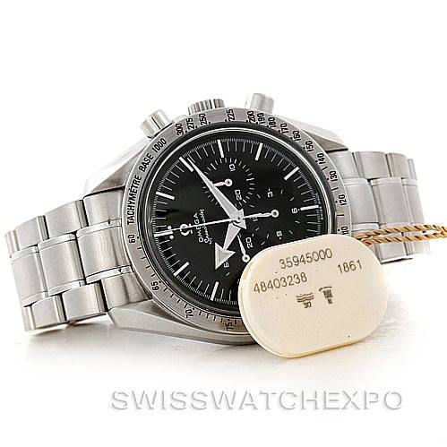 The Omega Speedmaster 3594.50.00 Men
s Stainless Steel Black Dial 3594.50.00 Men
s Stainless Steel Black Dial watch is shown at an angle highlighting the face, bezel, and part of the metal bracelet.