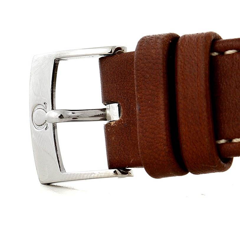 The image shows a close-up of the buckle and leather strap for an Omega Speedmaster 311.32.40.30.01.001 Men
s Stainless Steel Black Dial 311.32.40.30.01.001 Men
s Stainless Steel Black Dial watch.