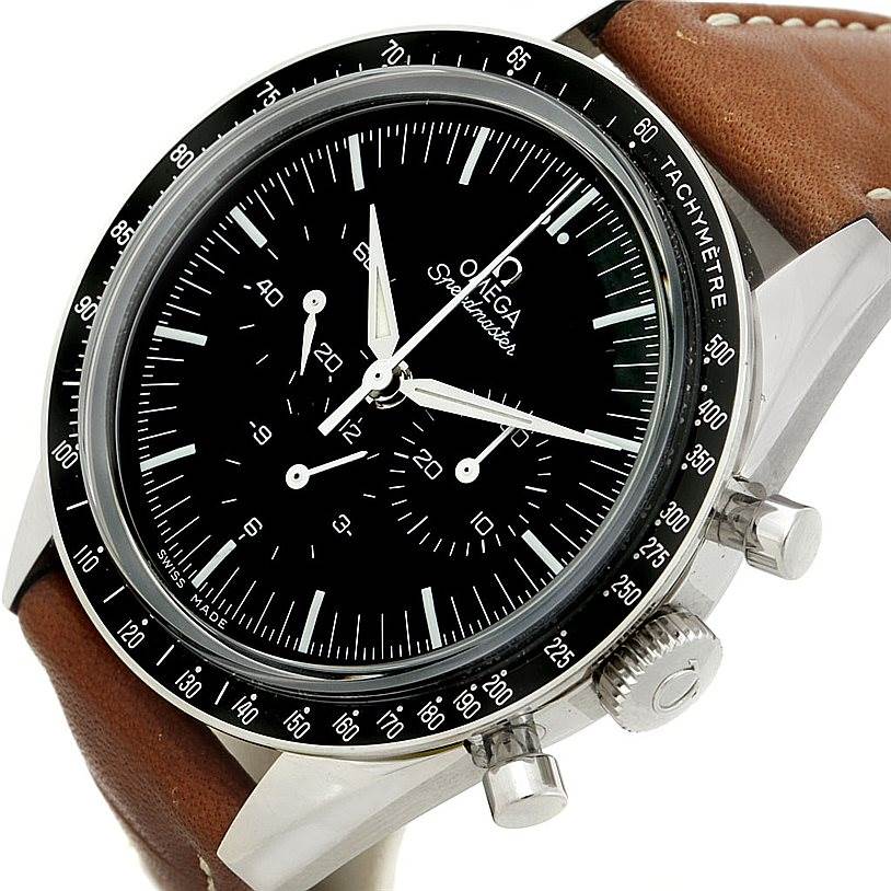 The Omega Speedmaster 311.32.40.30.01.001 Men
s Stainless Steel Black Dial 311.32.40.30.01.001 Men
s Stainless Steel Black Dial watch is shown at an angled view, highlighting the dial, tachymeter bezel, and crown with pushers, along with a brown leather strap.