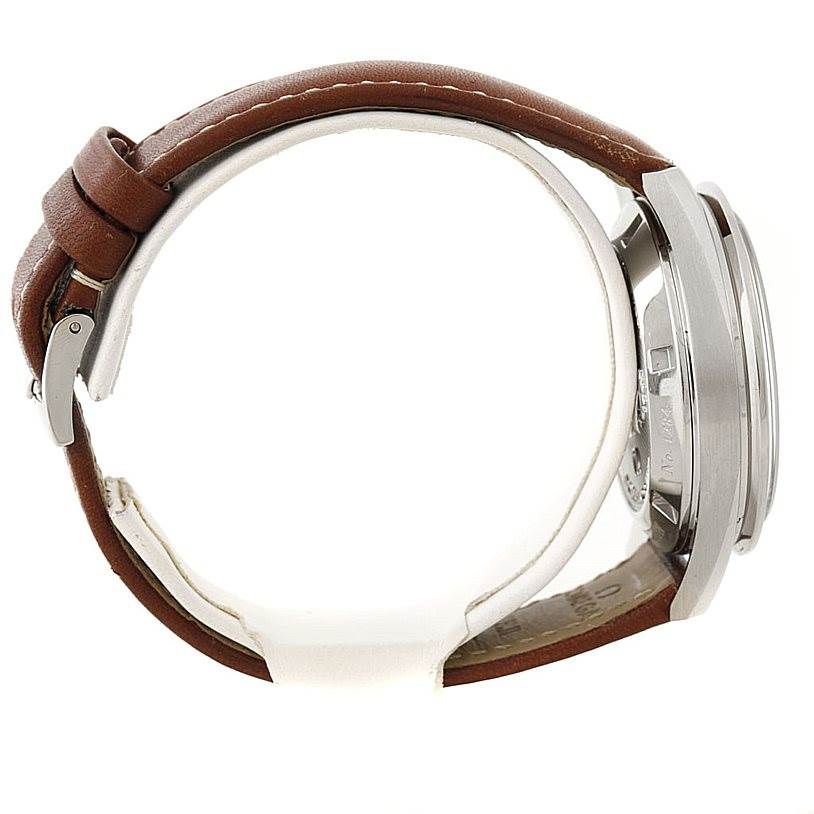 This image shows a side view of the Omega Speedmaster 311.32.40.30.01.001 Men
s Stainless Steel Black Dial 311.32.40.30.01.001 Men
s Stainless Steel Black Dial watch, highlighting the case and brown leather strap.