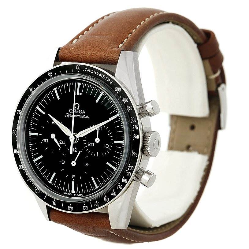 The image shows an Omega Speedmaster 311.32.40.30.01.001 Men
s Stainless Steel Black Dial 311.32.40.30.01.001 Men
s Stainless Steel Black Dial watch at a slight angle, featuring the face, tachymeter bezel, crown, pushers, and brown leather strap.