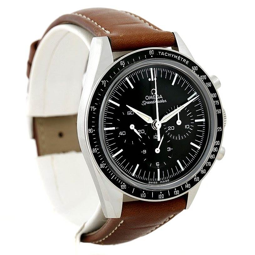 The image shows an Omega Speedmaster 311.32.40.30.01.001 Men
s Stainless Steel Black Dial 311.32.40.30.01.001 Men
s Stainless Steel Black Dial watch at a slight angle, highlighting the black dial, tachymeter bezel, and brown leather strap.