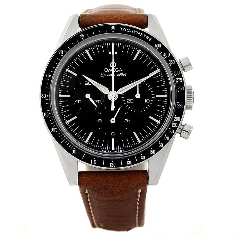 The image shows a front view of an Omega Speedmaster 311.32.40.30.01.001 Men
s Stainless Steel Black Dial 311.32.40.30.01.001 Men
s Stainless Steel Black Dial watch with a brown leather strap.