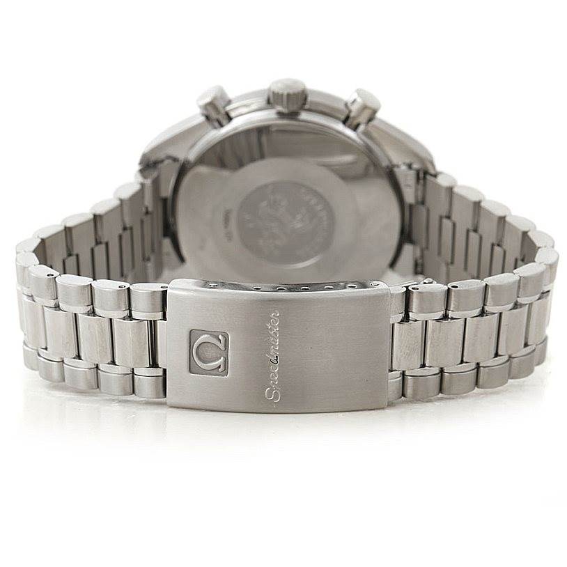 The image shows the back and bracelet of an Omega Speedmaster 3510.50.00 Men
s Stainless Steel Black Dial 3510.50.00 Men
s Stainless Steel Black Dial watch, featuring the clasp and part of the case back.