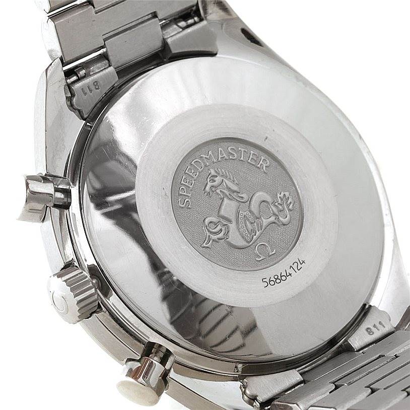 This image shows the back casing and part of the bracelet of an Omega Speedmaster 3510.50.00 Men
s Stainless Steel Black Dial 3510.50.00 Men
s Stainless Steel Black Dial watch.