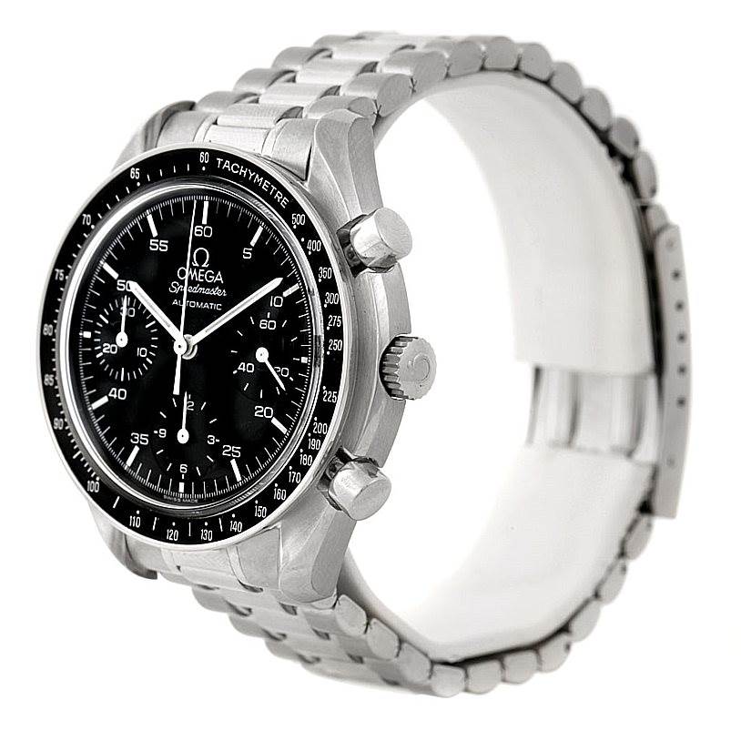 The Omega Speedmaster 3510.50.00 Men
s Stainless Steel Black Dial 3510.50.00 Men
s Stainless Steel Black Dial watch is shown at a slight front-facing angle, displaying its face, bezel, crown, pushers, and bracelet.