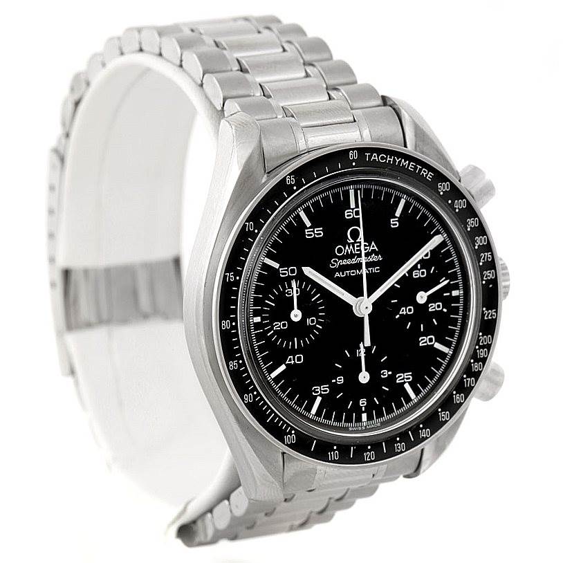 The image shows an angled front view of an Omega Speedmaster 3510.50.00 Men
s Stainless Steel Black Dial 3510.50.00 Men
s Stainless Steel Black Dial watch, highlighting the face, dials, and stainless steel bracelet.