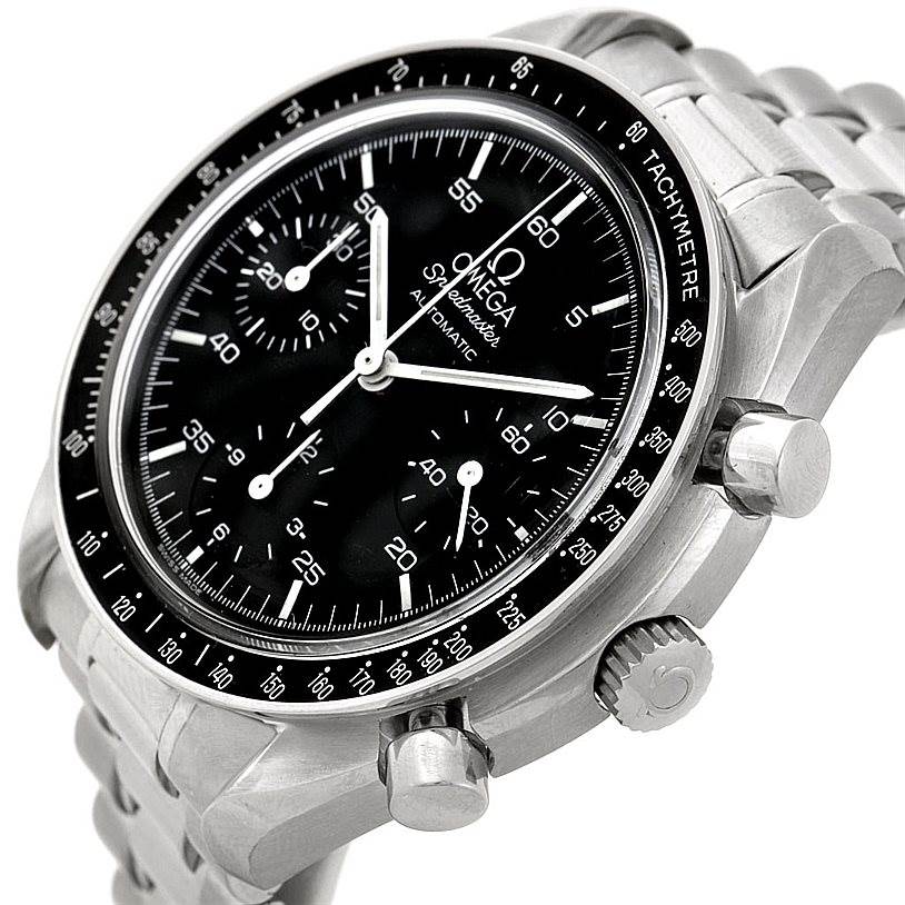 This image shows an angled view of an Omega Speedmaster 3510.50.00 Men
s Stainless Steel Black Dial 3510.50.00 Men
s Stainless Steel Black Dial watch, capturing the dial, bracelet, crown, and pushers.