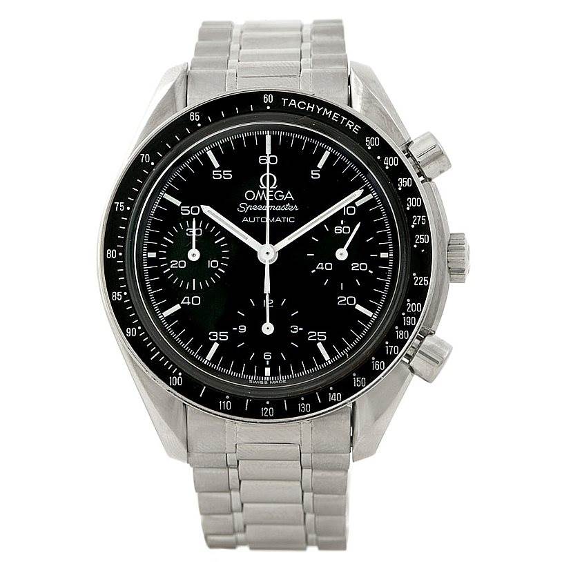 This image shows a front view of the Omega Speedmaster 3510.50.00 Men
s Stainless Steel Black Dial 3510.50.00 Men
s Stainless Steel Black Dial watch, highlighting its dial, tachymeter bezel, and bracelet.