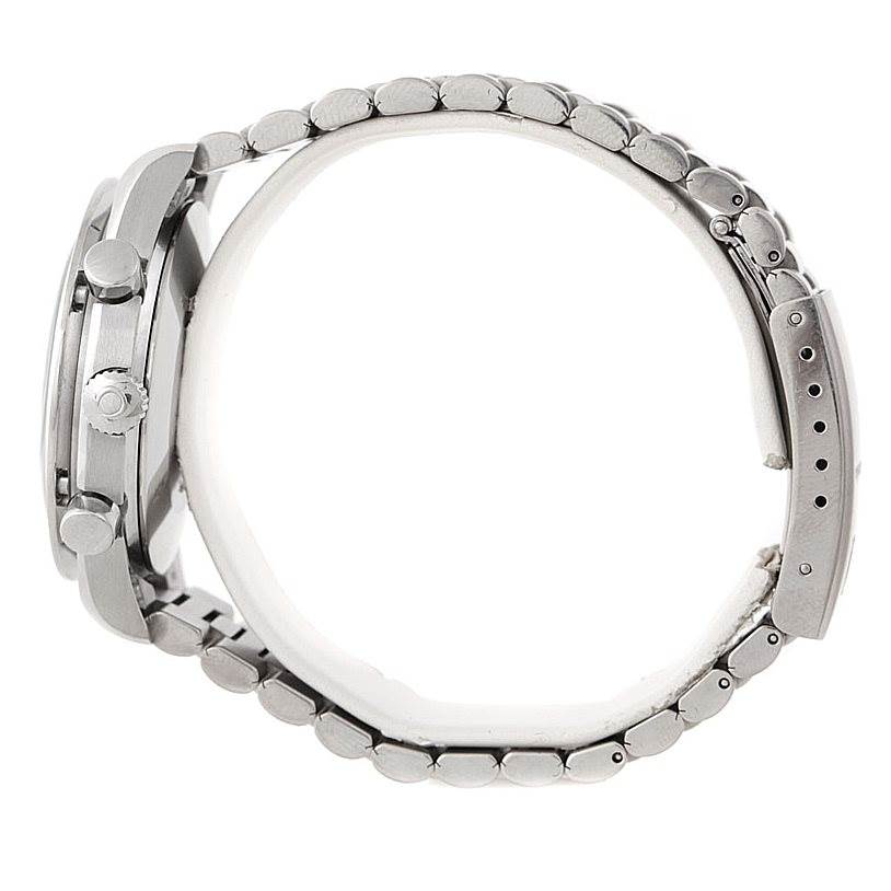 This image shows a side view of the Omega Speedmaster 3510.50.00 Men
s Stainless Steel Black Dial 3510.50.00 Men
s Stainless Steel Black Dial watch, highlighting the metal bracelet, crown, and pushers.