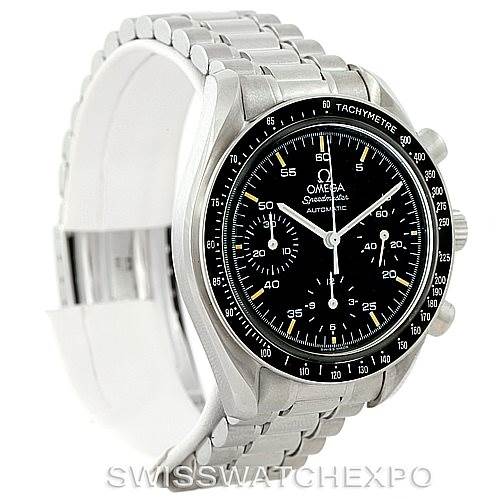 The Omega Speedmaster 3510.50.00 Men
s Stainless Steel Black Dial 3510.50.00 Men
s Stainless Steel Black Dial watch is depicted at a slight angle, showing its black dial, tachymeter bezel, and stainless steel bracelet.