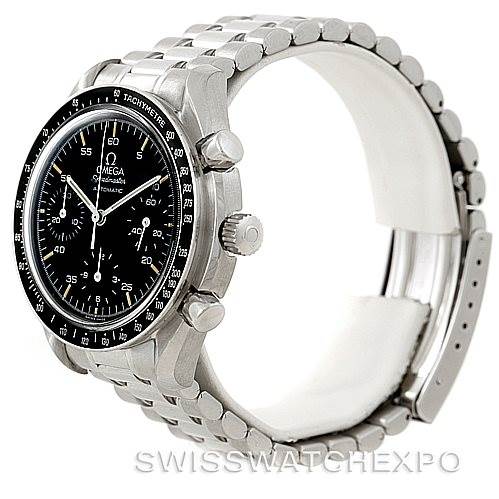 This image shows a side angle of the Omega Speedmaster 3510.50.00 Men
s Stainless Steel Black Dial 3510.50.00 Men
s Stainless Steel Black Dial watch, highlighting the face, bezel, crown, chronograph pushers, and metal bracelet.