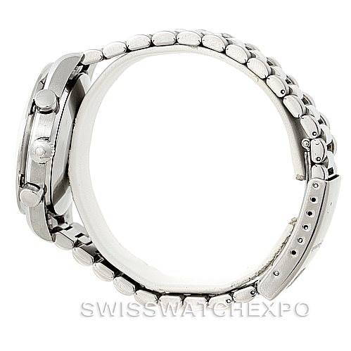 This side view of the Omega Speedmaster 3510.50.00 Men
s Stainless Steel Black Dial 3510.50.00 Men
s Stainless Steel Black Dial watch highlights the metal case and bracelet with visible pushers and crown.