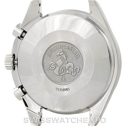 The image shows the case back and lugs of an Omega Speedmaster 3510.50.00 Men
s Stainless Steel Black Dial 3510.50.00 Men
s Stainless Steel Black Dial watch, featuring the Speedmaster logo and some serial numbers.