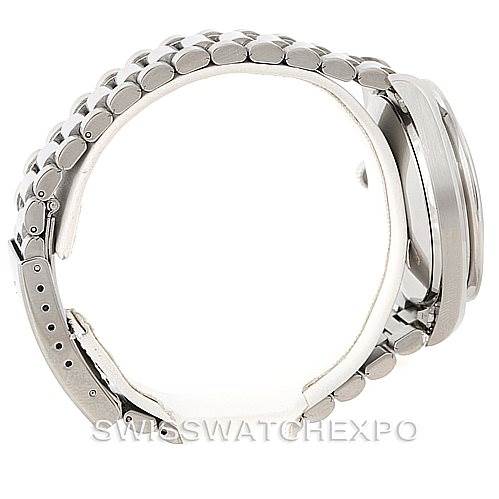 This image shows a side view of the Omega Speedmaster 3510.50.00 Men
s Stainless Steel Black Dial 3510.50.00 Men
s Stainless Steel Black Dial watch, highlighting the stainless steel bracelet and the watch case.