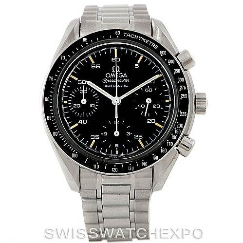 The image shows a front view of the Omega Speedmaster 3510.50.00 Men
s Stainless Steel Black Dial 3510.50.00 Men
s Stainless Steel Black Dial watch, highlighting its black dial, chronograph sub-dials, and stainless steel bracelet.
