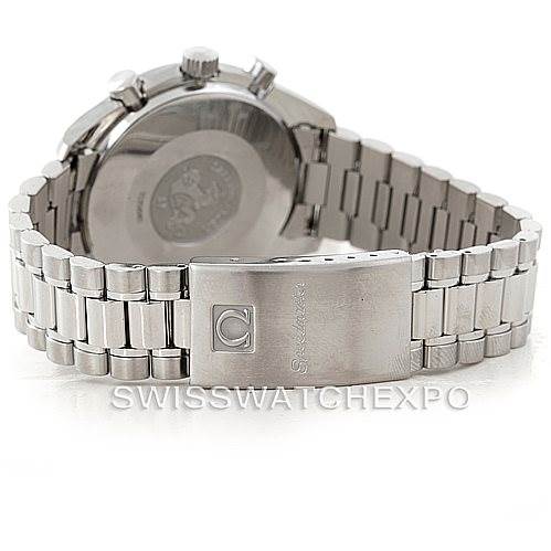 The image shows the back of the Omega Speedmaster 3510.50.00 Men
s Stainless Steel Black Dial 3510.50.00 Men
s Stainless Steel Black Dial watch, focusing on its stainless steel clasp and bracelet.