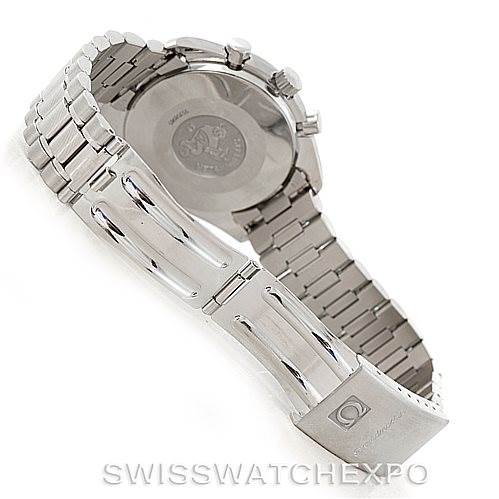 The image shows the back of an Omega Speedmaster 3510.50.00 Men
s Stainless Steel Black Dial 3510.50.00 Men
s Stainless Steel Black Dial watch, including its stainless steel bracelet and clasp.