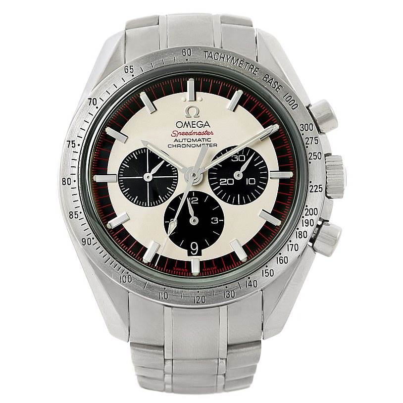 The image shows a front view of an Omega Speedmaster 3559.32.00 Men's Stainless Steel Silver Dial 3559.32.00 Men's Stainless Steel Silver Dial watch, highlighting its face, subdials, bezel, and bracelet.
