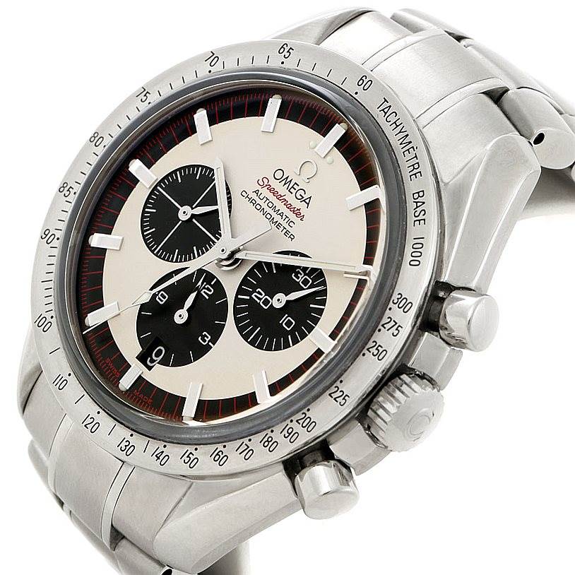 This image shows an Omega Speedmaster 3559.32.00 Men's Stainless Steel Silver Dial 3559.32.00 Men's Stainless Steel Silver Dial chronograph watch at a three-quarter angle, highlighting the face, bezel, and crown.