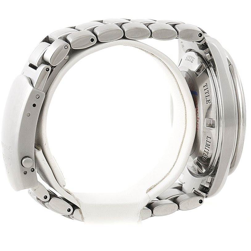 This side view of the Omega Speedmaster 3559.32.00 Men's Stainless Steel Silver Dial 3559.32.00 Men's Stainless Steel Silver Dial showcases the clasp, bracelet, and back of the watch case.