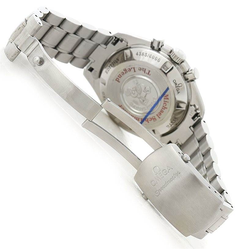 This image shows the rear view of an Omega Speedmaster 3559.32.00 Men's Stainless Steel Silver Dial 3559.32.00 Men's Stainless Steel Silver Dial watch, focusing on the clasp and case back.