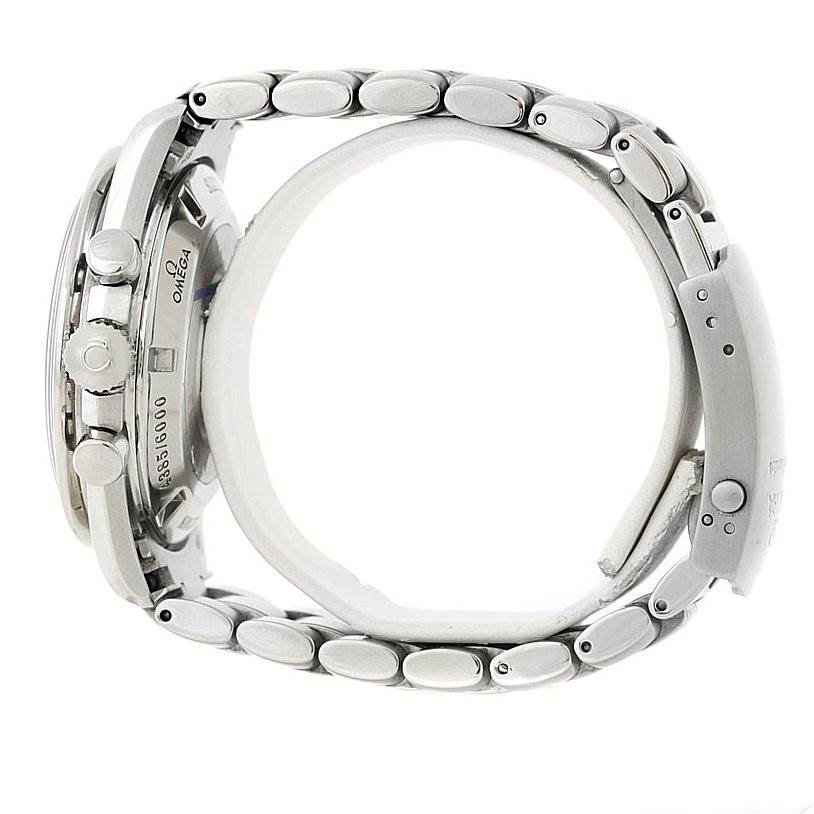 The image shows a side profile of the Omega Speedmaster 3559.32.00 Men's Stainless Steel Silver Dial 3559.32.00 Men's Stainless Steel Silver Dial watch, highlighting its case and stainless steel bracelet.