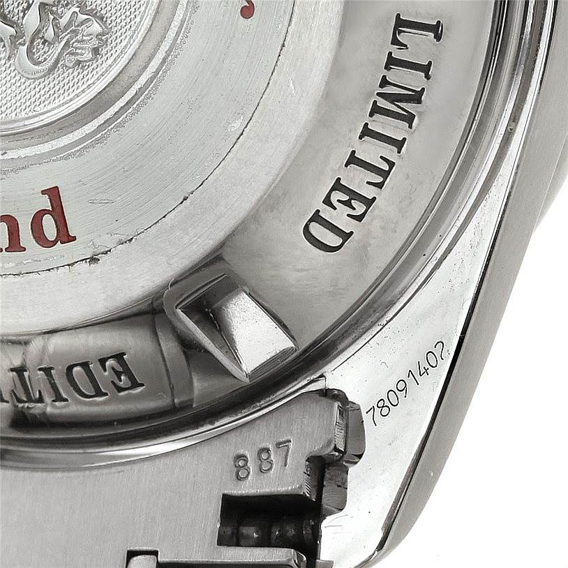 The image shows the back case of an Omega Speedmaster 3559.32.00 Men's Stainless Steel Silver Dial 3559.32.00 Men's Stainless Steel Silver Dial watch, highlighting the "LIMITED EDITION" engraving and parts of the bracelet.