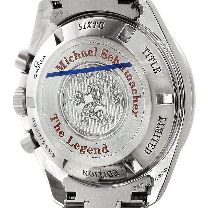 The image shows the back case of the Omega Speedmaster 3559.32.00 Men's Stainless Steel Silver Dial 3559.32.00 Men's Stainless Steel Silver Dial "The Legend" edition, featuring engraved text and emblem.