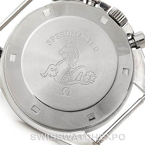 The image shows the back case of the Omega Speedmaster Men
s Stainless Steel Black Dial Men
s Stainless Steel Black Dial watch, featuring its engraved logo and crown.