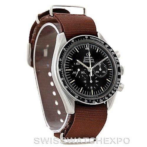 This image shows an Omega Speedmaster Men
s Stainless Steel Black Dial Men
s Stainless Steel Black Dial watch at a three-quarter angle, highlighting the face, bezel, and brown strap.