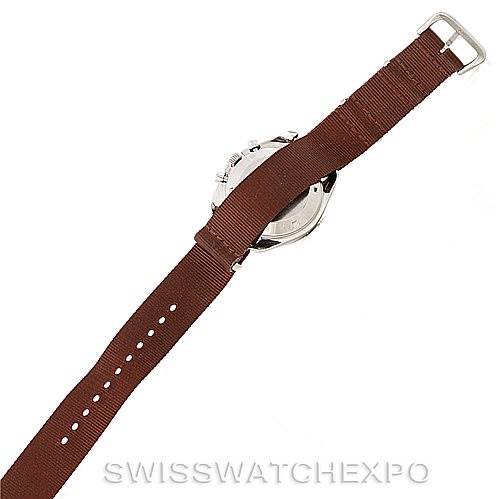 The image shows the back of an Omega Speedmaster Men
s Stainless Steel Black Dial Men
s Stainless Steel Black Dial watch with a brown strap and a silver buckle.