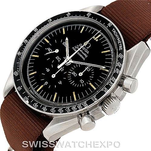 The image shows an Omega Speedmaster Men
s Stainless Steel Black Dial Men
s Stainless Steel Black Dial watch from an angled side view, highlighting the bezel, dial, and crown.