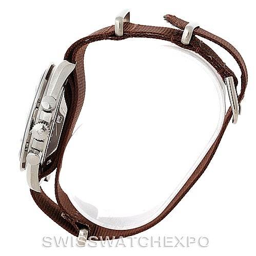 This image shows a side view of an Omega Speedmaster Men
s Stainless Steel Black Dial Men
s Stainless Steel Black Dial watch highlighting its case and brown leather strap.