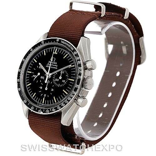 This image shows an Omega Speedmaster Men
s Stainless Steel Black Dial Men
s Stainless Steel Black Dial watch at a three-quarter angle, highlighting its dial, case, and brown strap.