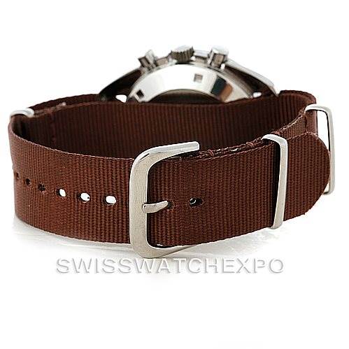 The image shows the side profile of an Omega Speedmaster Men
s Stainless Steel Black Dial Men
s Stainless Steel Black Dial watch with a brown strap and metal buckle.