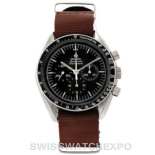 The image shows a front view of an Omega Speedmaster Men
s Stainless Steel Black Dial Men
s Stainless Steel Black Dial watch with a brown NATO strap and visible tachymeter bezel.