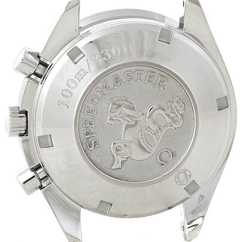 The image shows the case back of an Omega Speedmaster 3210.52.00 Men
s Stainless Steel Black Dial 3210.52.00 Men
s Stainless Steel Black Dial watch, displaying the model engraving and decorative emblem.