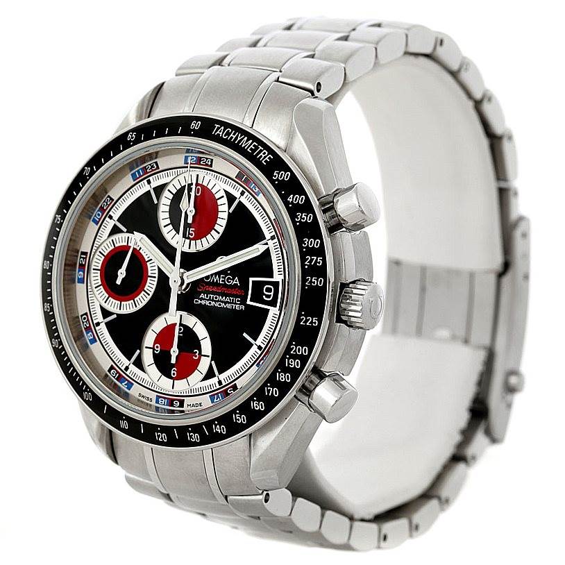 The image shows the face and stainless steel band of an Omega Speedmaster 3210.52.00 Men
s Stainless Steel Black Dial 3210.52.00 Men
s Stainless Steel Black Dial watch at a slight side angle.