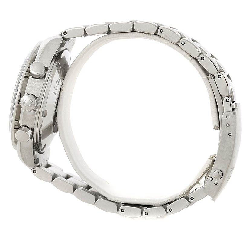 The Omega Speedmaster 3210.52.00 Men
s Stainless Steel Black Dial 3210.52.00 Men
s Stainless Steel Black Dial watch is shown from a side profile, highlighting the crown, pushers, and bracelet.