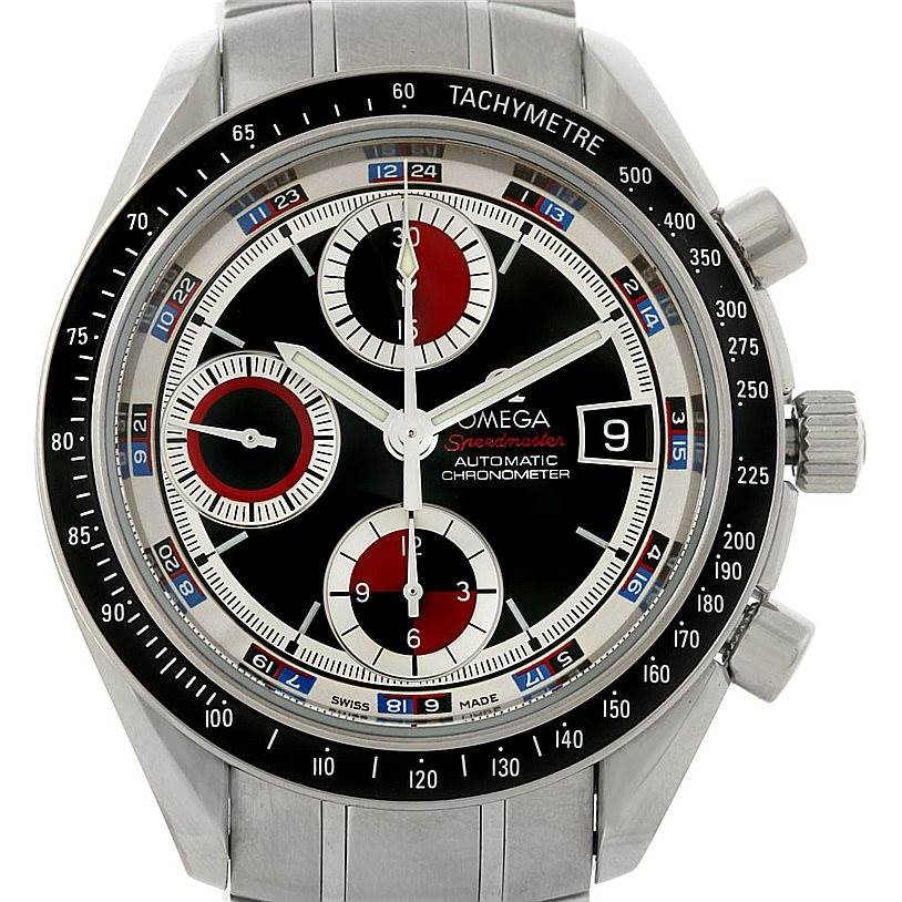 This image shows a front view of the Omega Speedmaster 3210.52.00 Men
s Stainless Steel Black Dial 3210.52.00 Men
s Stainless Steel Black Dial watch, showcasing its dial, chronograph sub-dials, date window, and bezel.