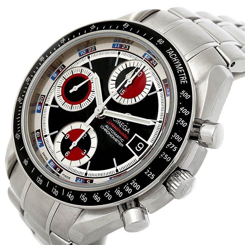 The Omega Speedmaster 3210.52.00 Men
s Stainless Steel Black Dial 3210.52.00 Men
s Stainless Steel Black Dial watch is shown at a slight angle, highlighting its dial, subdials, bezel, and stainless steel bracelet.