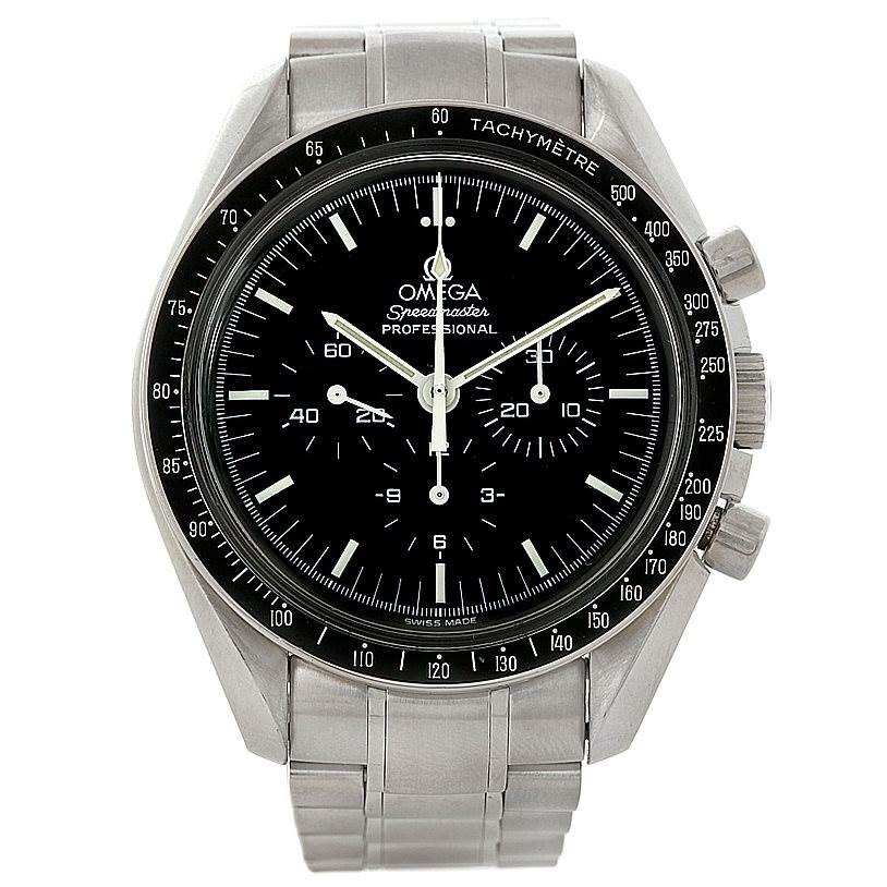 The image shows a front view of an Omega Speedmaster Men
s Stainless Steel Black Dial Men
s Stainless Steel Black Dial watch, highlighting its face, chronograph dials, bezel, and stainless steel bracelet.