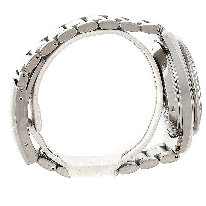 The image shows a side view of the Omega Speedmaster 48365704 Men
s Stainless Steel Black Dial 48365704 Men
s Stainless Steel Black Dial watch focusing on the metal bracelet links and the watch case side.