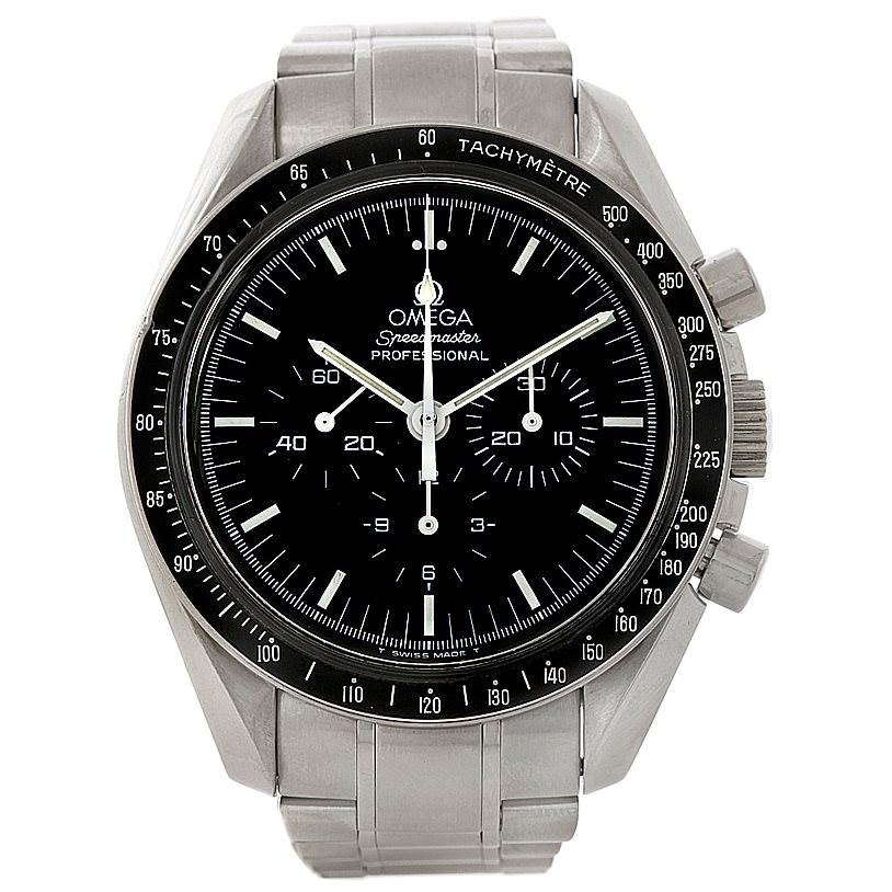 The image shows a front view of the Omega Speedmaster 48365704 Men
s Stainless Steel Black Dial 48365704 Men
s Stainless Steel Black Dial watch, highlighting its dial, case, bracelet, and tachymeter bezel.