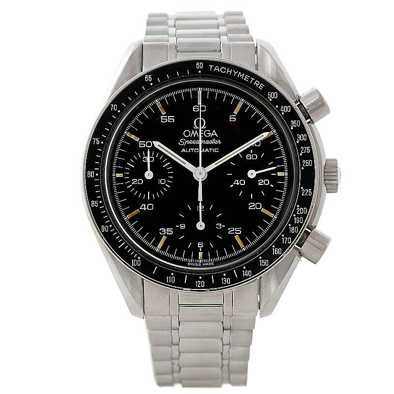 The image shows a front view of an Omega Speedmaster 3510.50.00 Men
s Stainless Steel Black Dial 3510.50.00 Men
s Stainless Steel Black Dial watch, displaying its face, bezel, and metal strap.
