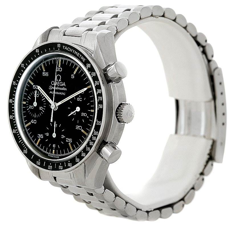 The Omega Speedmaster 3510.50.00 Men
s Stainless Steel Black Dial 3510.50.00 Men
s Stainless Steel Black Dial watch is shown from a side angle, displaying its face, bezel, buttons, and metal bracelet band.
