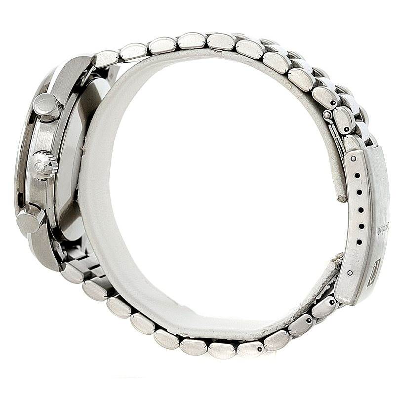 The image shows a side view of the Omega Speedmaster 3510.50.00 Men
s Stainless Steel Black Dial 3510.50.00 Men
s Stainless Steel Black Dial watch displaying the crown, pushers, and metal bracelet.